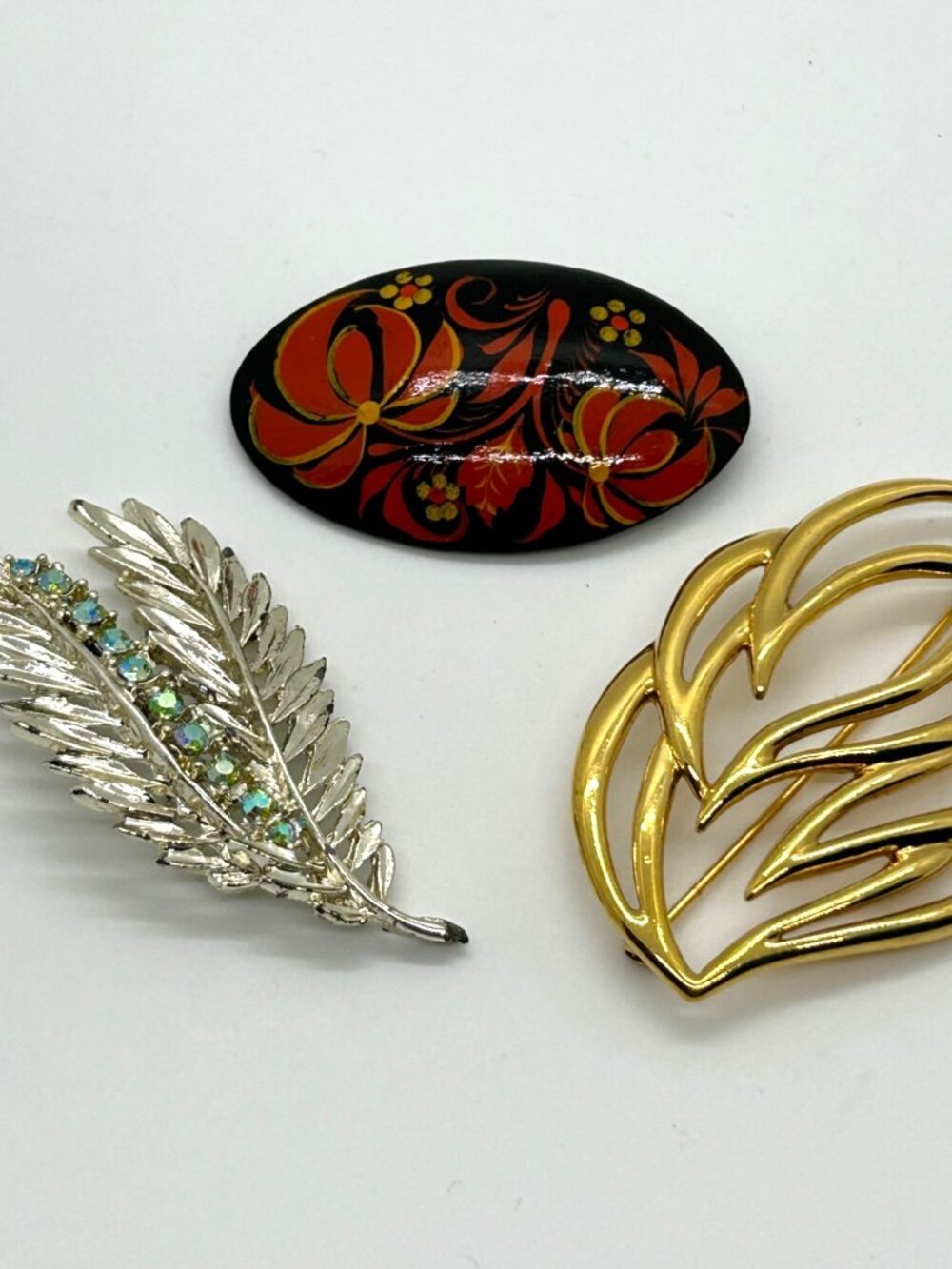 Vintage Brooches Lot Monet Leaf Black Lacquer Painted & Silver-tone Rhinestone